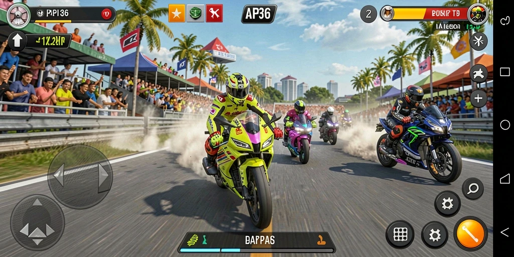 Tampilan gameplay seru dari API36 dalam balapan motor.