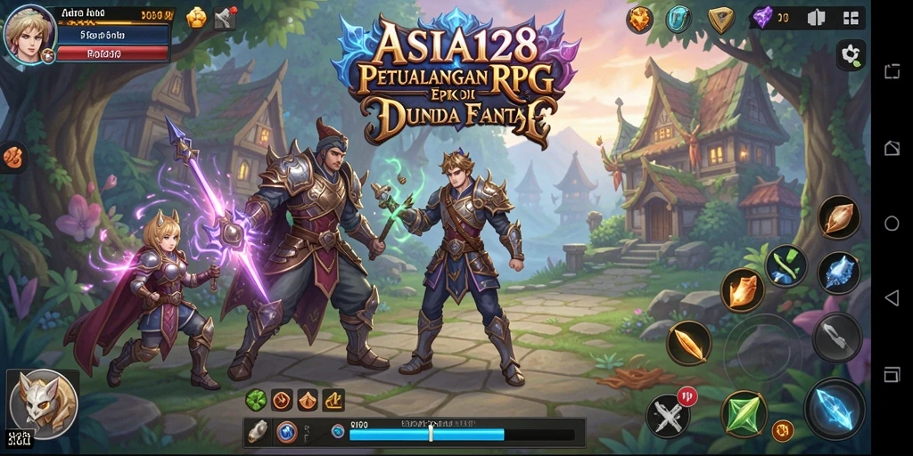 Screenshot permainan ASIA128 menampilkan pertarungan epik di dunia fantasi.