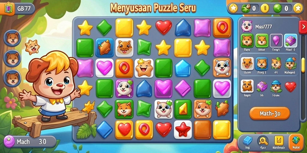 Screenshot utama GB777 menunjukkan gameplay Match-3 yang seru dan penuh warna.