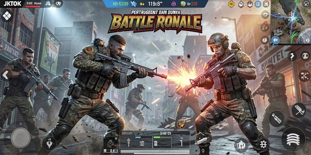 Tangkapan layar gameplay JKTOK yang menunjukkan intensitas pertarungan Battle Royale.