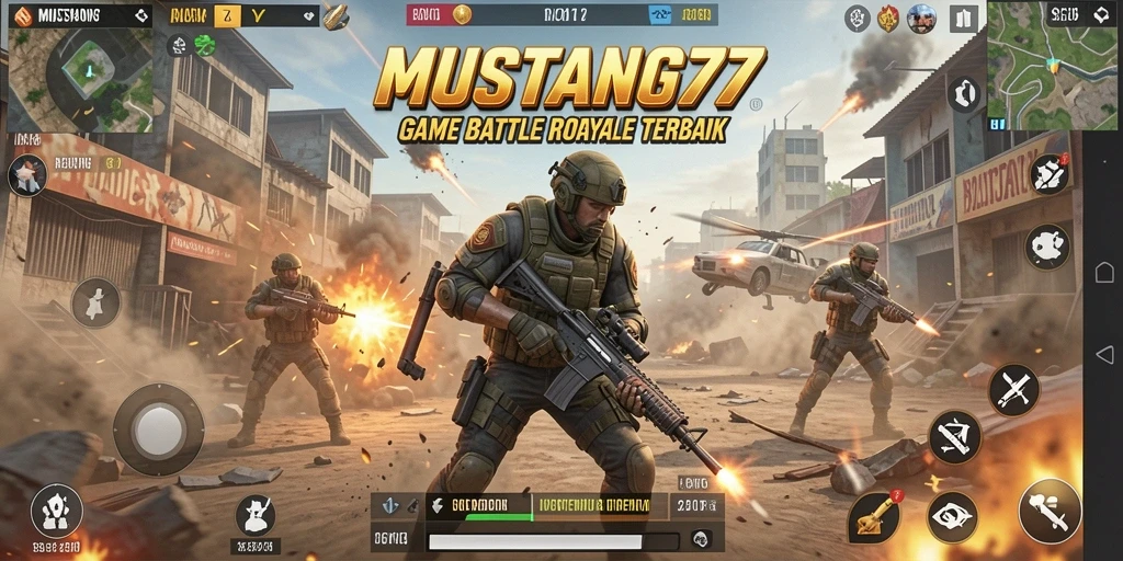 Screenshot gameplay MUSTANG77 yang menunjukkan aksi Battle Royale yang mendebarkan.