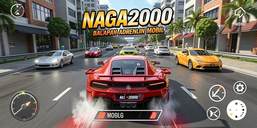 Gameplay NAGA2000 dengan mobil balap meluncur cepat di jalur