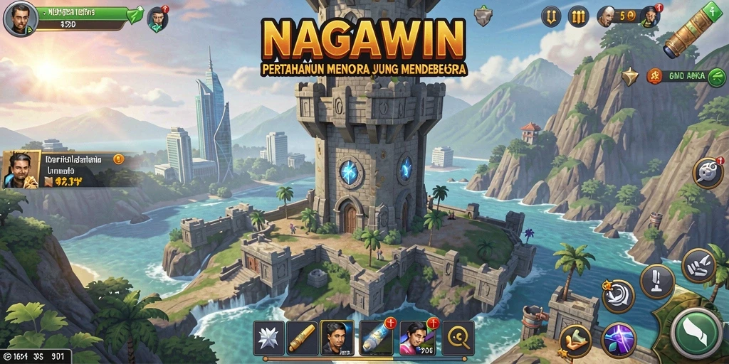 Screenshot NAGAWIN menampilkan aksi menara bertahan yang seru.