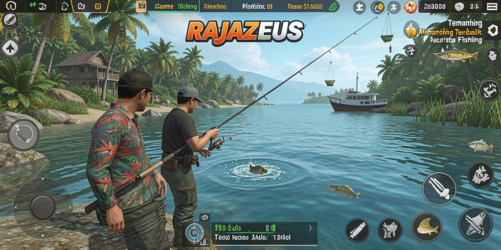 Tampilan gameplay RAJAZEUS yang menarik saat memancing ikan.
