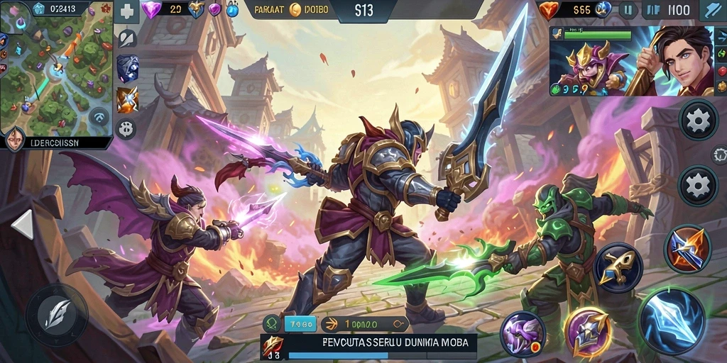 Tangkapan layar gameplay S13 yang menunjukkan pertempuran seru dalam format MOBA.