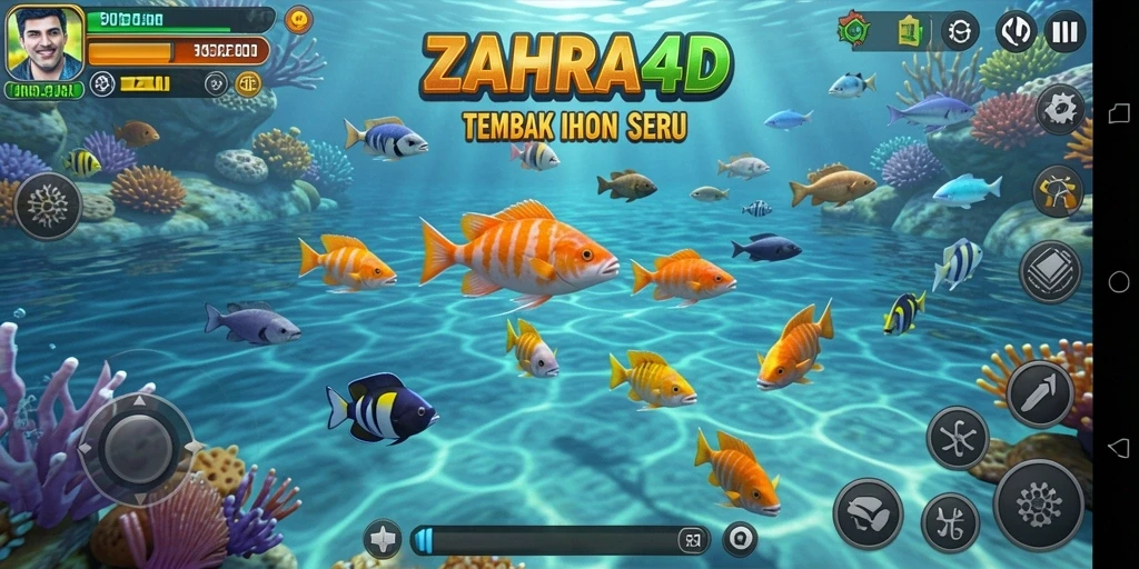 Screenshot utama ZAHRA4D menampilkan gameplay menangkap ikan.