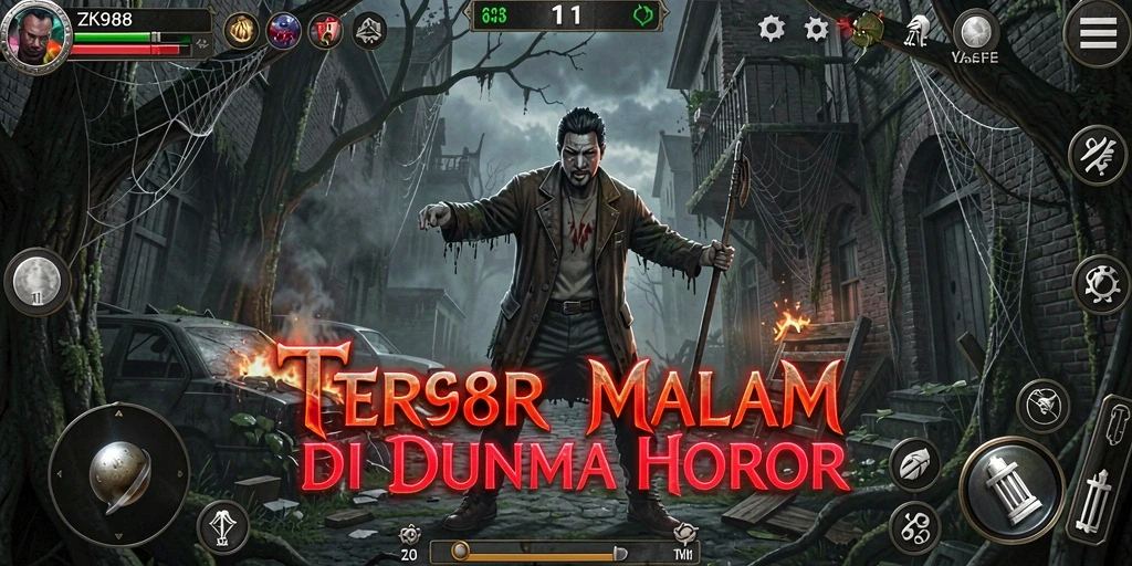 Screenshot ZK988 menampilkan karakter yang sedang menjelajahi lingkungan menyeramkan.